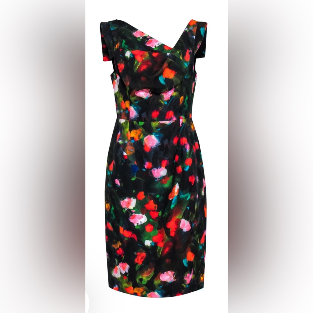 Black Halo - Black Painted Abstract Floral Draped Sheath Dress Sz 12 New